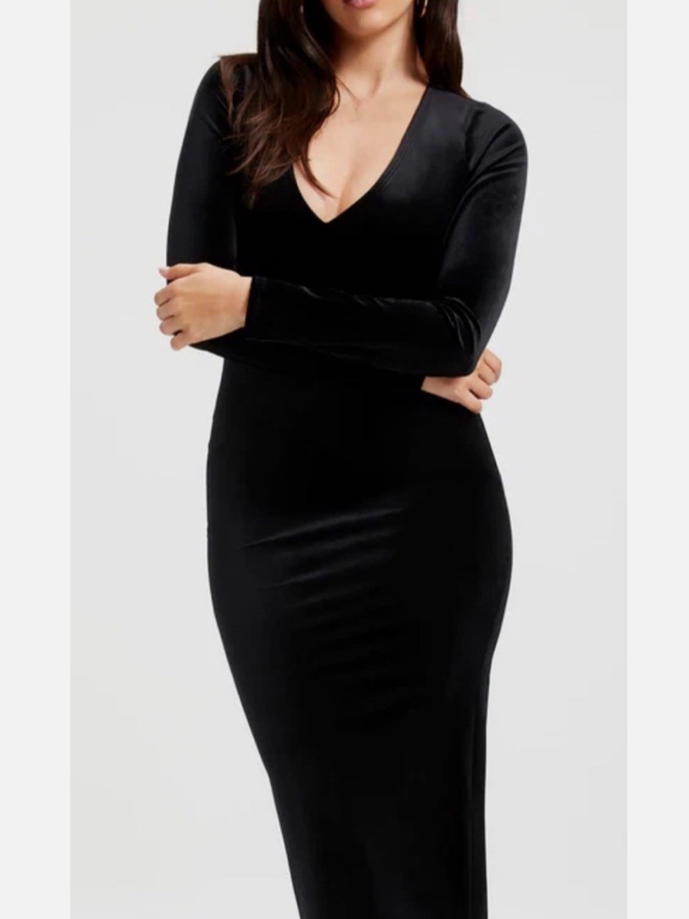 Good American GDK0075 Black Velvet Deep V Midi Bodycon Dress Size 4